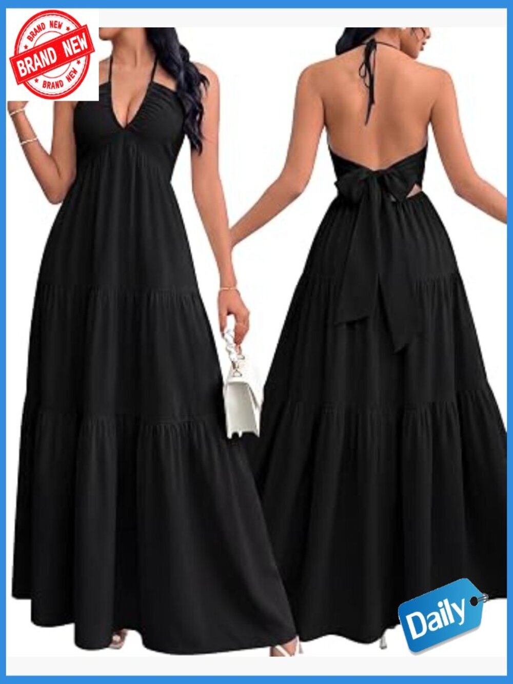 Halter V Neck Backless Maxi Dress Flowy A-Line Ruffle Tiered Sundress